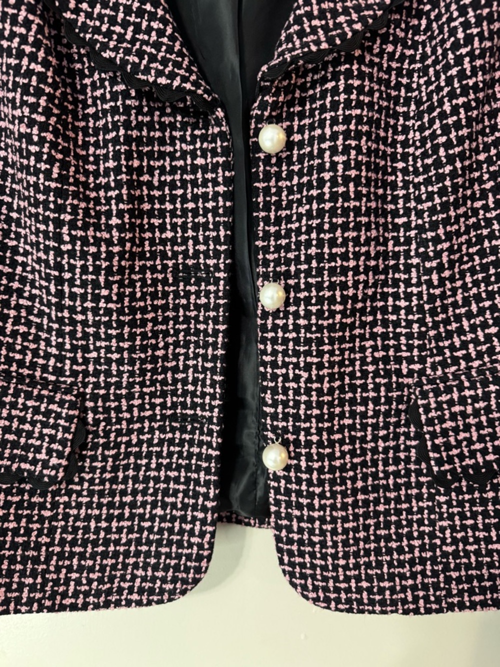 Versailles Pink Black Tweed Blazer Pearl Button Scalloped Trim Jacket - Picture 4 of 13